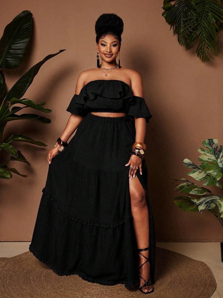 Maweii Plus Size Women's 2026 Black Summer Boho Vacation Holiday Textured Off-Shoulder Ruffle Crop Top & Multi-Layer Slit Maxi Skirt 2-Piece Set - Black - View 1