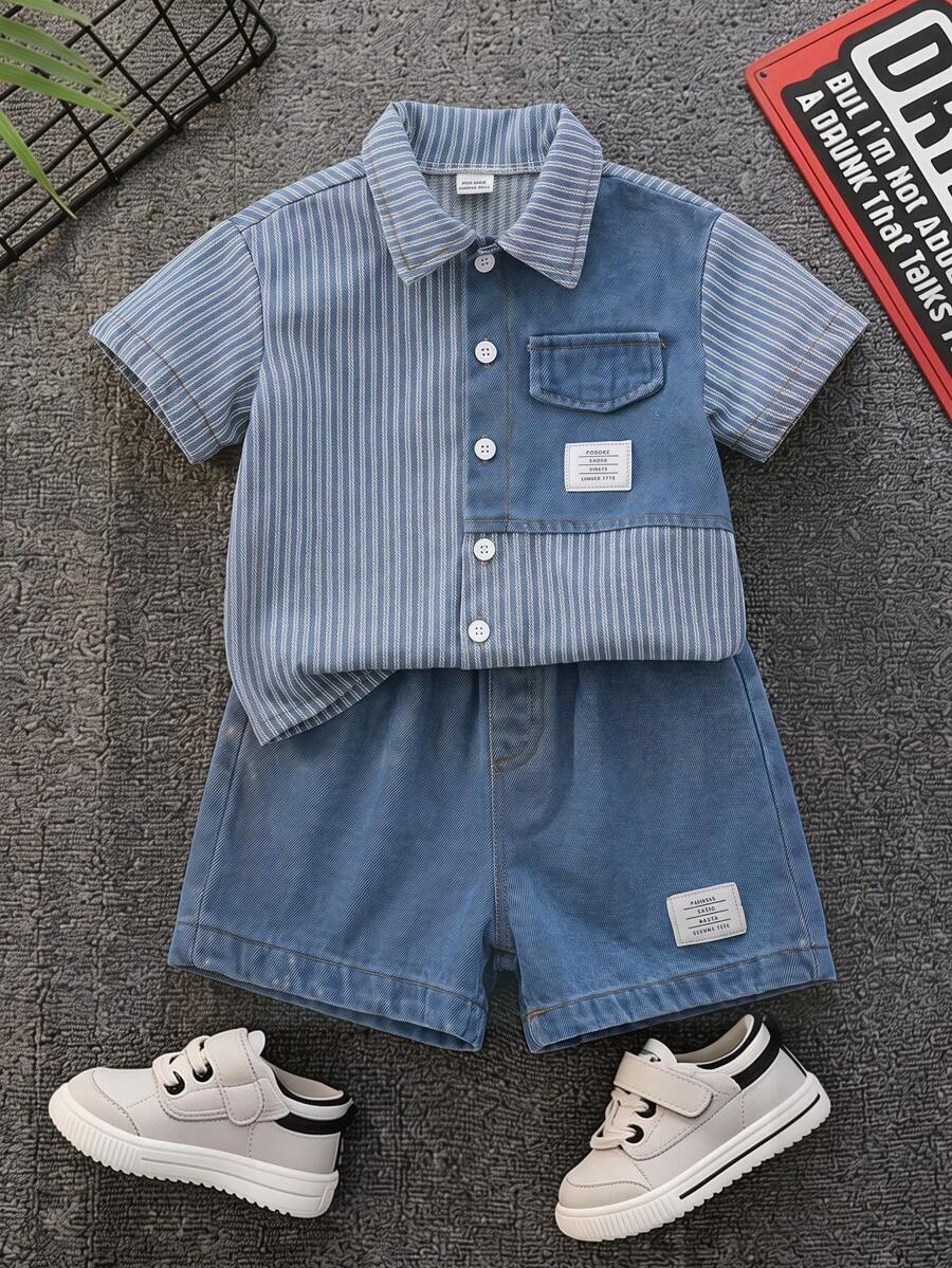SHEIN 2pcs Baby Boy Summer Casual Korean Style Striped Denim Shirt & Denim Shorts Set, Color Block Outfit - Multicolor - View 1