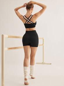 Eassivo Europäisch-amerikanischer modischer asymmetrischer Schulter Yoga-Top für Frauen mit gepolstertem BH, Fitness-Sport-BH - Schwarz - Übersicht 12
