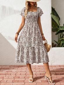 Breezaya Summer Floral Shirred Ruffle Hem Dress Maxi Vacation Beach Outfits Women - Coffee Brown - View 3