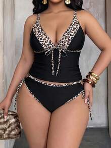 Slaydiva Plus Size 2pcs Bikini Set,Leopard Print Patchwork Black,Deep V-Neck,Adjustable Straps,Tie-Up Triangle Bottoms,Summer Beach Vacation Holiday Swimwear - Black - View 3