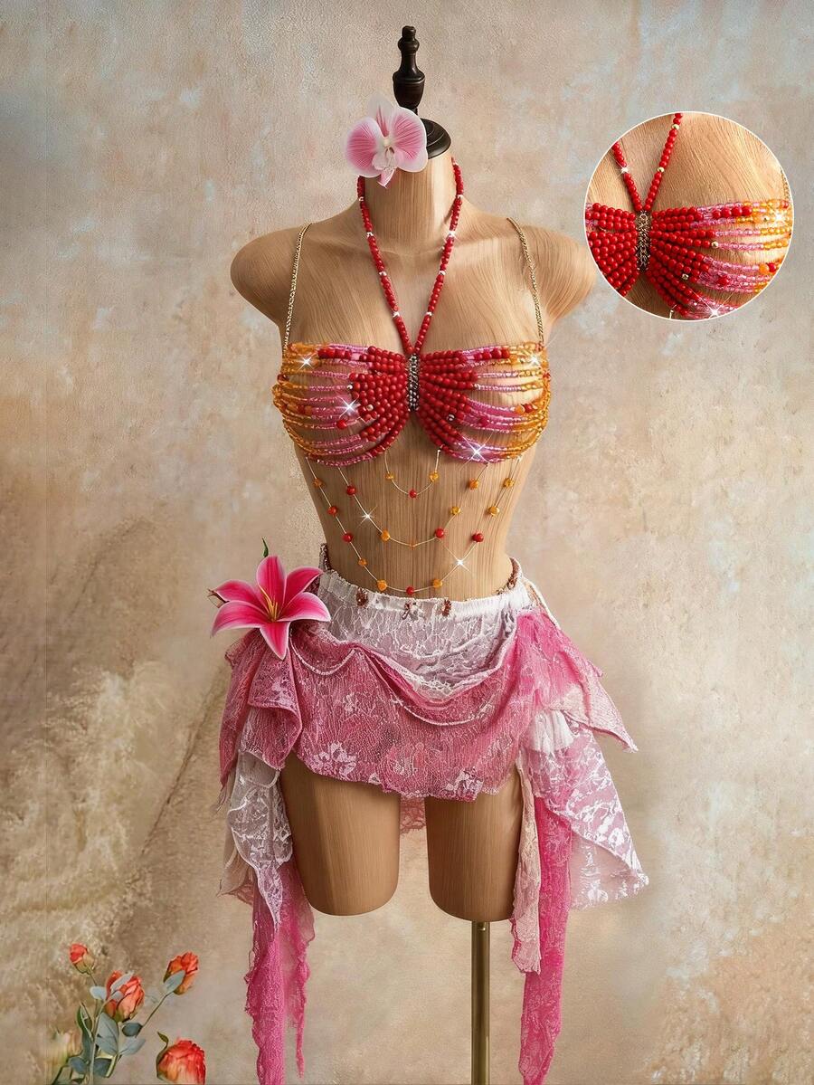 Mistrie 女款水晶串珠掛脖上衣，夏季 70 年代風，音樂節派對迪斯可舞孃，掛脖亮片水鑽夜店穿搭