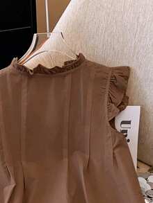 Franclia Women's Ruffle Collar Button Shirt - Coffee Brown - View 5