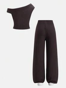 SHEIN 少女棕色针织吊带背心和阔腿裤两件套，休闲度假装 - 棕色 - 查看 2