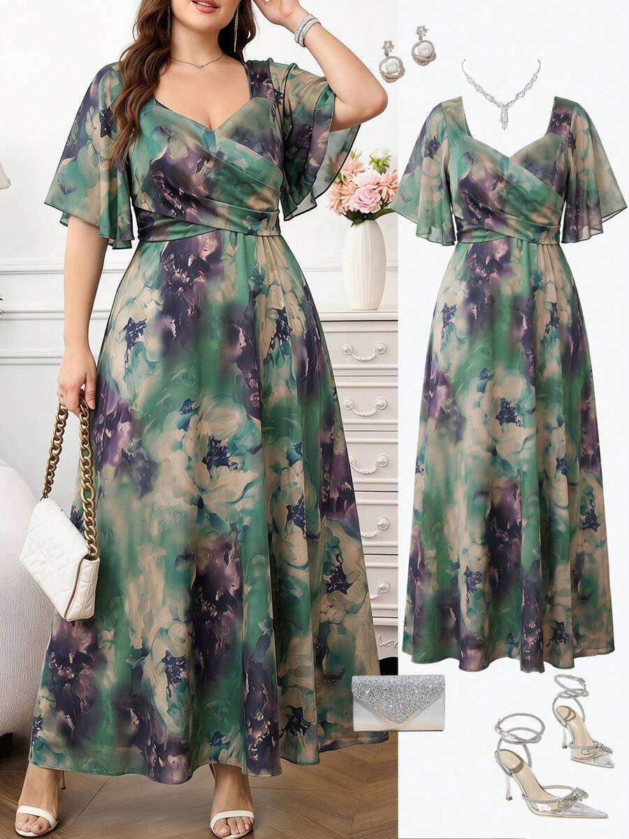 SHEIN Clasi 大码碎花印花甜心领裹身优雅连衣裙 - 彩色 - 查看 1