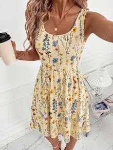 SHEIN Clasi Vestido de flores con cuello en U y cintura ceñida, elegante y nuevo, adecuado para uso diario y vacaciones - Amarillo - Ver 5