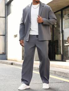 Manfinity CasualCool Plus Size Men's Casual Versatile Jacket And Pants Set - Grey - View 3