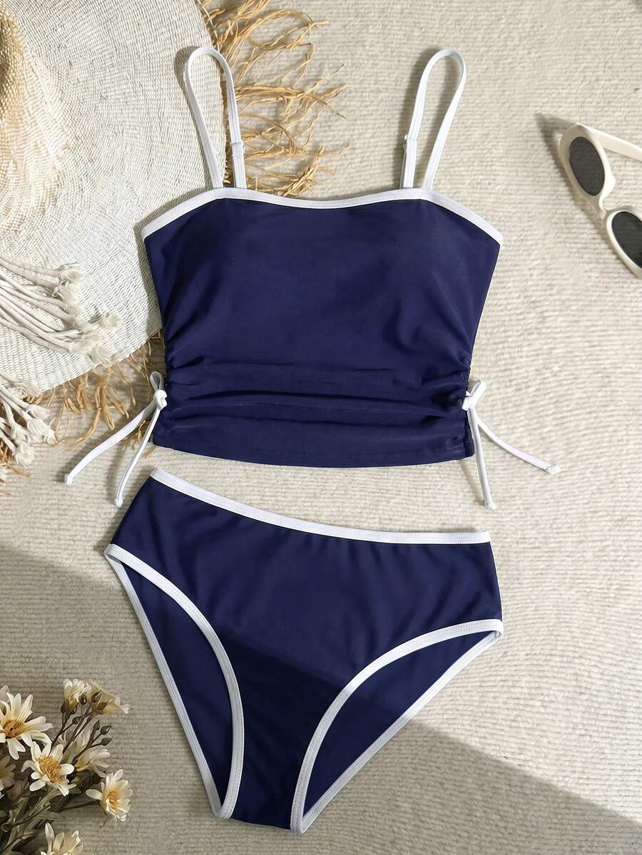SHEIN 青少年女孩花卉印花坦基尼套裝 - 高彈性、不透光、可機洗時尚泳裝,適合游泳、度假、夏季海灘穿著,兒童泳裝套裝,夏季假期 - 藍色 - 查看 1
