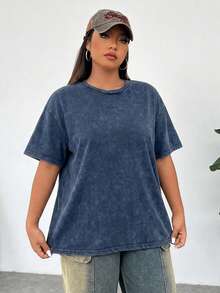 Solflare Plus Size Acid Washed Look Vintage Knitted Distressed Loose Fit Short Sleeve T-Shirt - Navy Blue - View 4