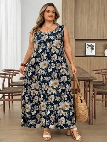 SHEIN CURVE+ 大尺碼女款無袖花卉印花洋裝，夏季、度假女裝，秋季女裝，冬季，CURVE PLUS - 彩色 - 查看 5