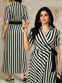 Roveilla Plus Size Women Striped Wrap Long Spring/Summer Short Sleeve Dress - Black and White - View 3