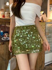 DAZY 亮片低腰直擺超短裙褲，性感浪漫度假夏季女款派對夜會綠色花卉學院風 - 綠色 - 查看 5