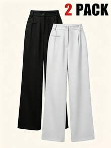 Pantalones de traje casuales y cómodos de unicolor para mujer - Negro - Ver 6
