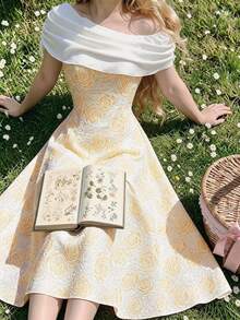 Modelyn Women's Jacquard Drawstring Shoulder Elegant Romantic Dress Wedding Formal Official White And Gold Summer - Yellow - View 5