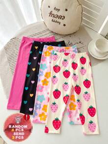 3pcs/Set Surprise Hidden Box, Random 3pcs Girls Leggings - Heart, Colorful Flower, Strawberry And Solid Fuchsia, Suitable For Spring/Summer, Sweet & Fresh, Comfortable For Outings & Daily Activities - Multicolor - View 3