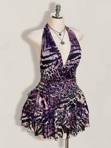 SHEIN ICON 大尺碼女款掛脖綁帶性感派對洋裝 - 紫色 - 查看 7