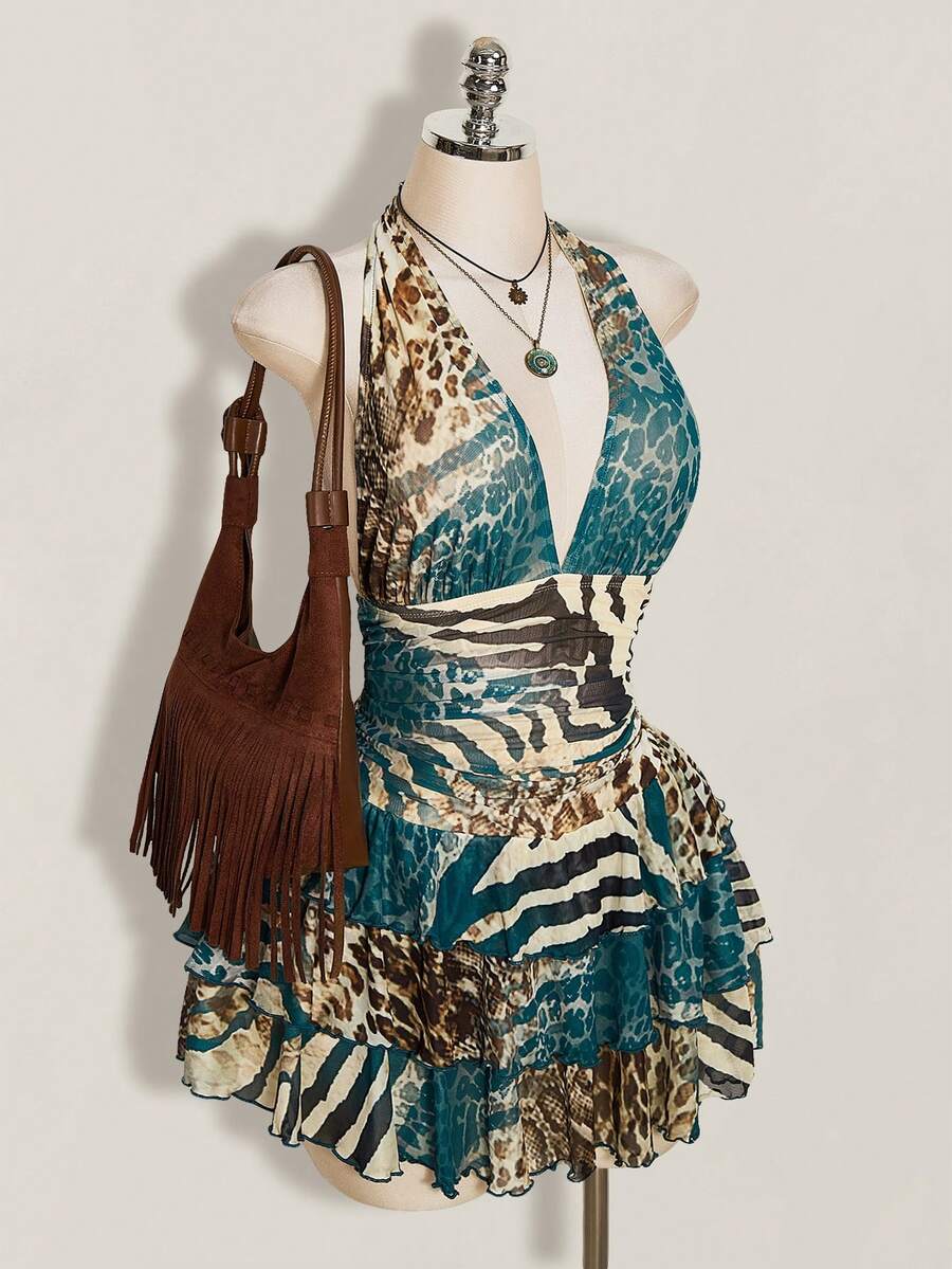 SHEIN ICON Vestido de tul con cuello halter, cintura fruncida y estampado de leopardo, talla grande - Multicolor - Ver 1