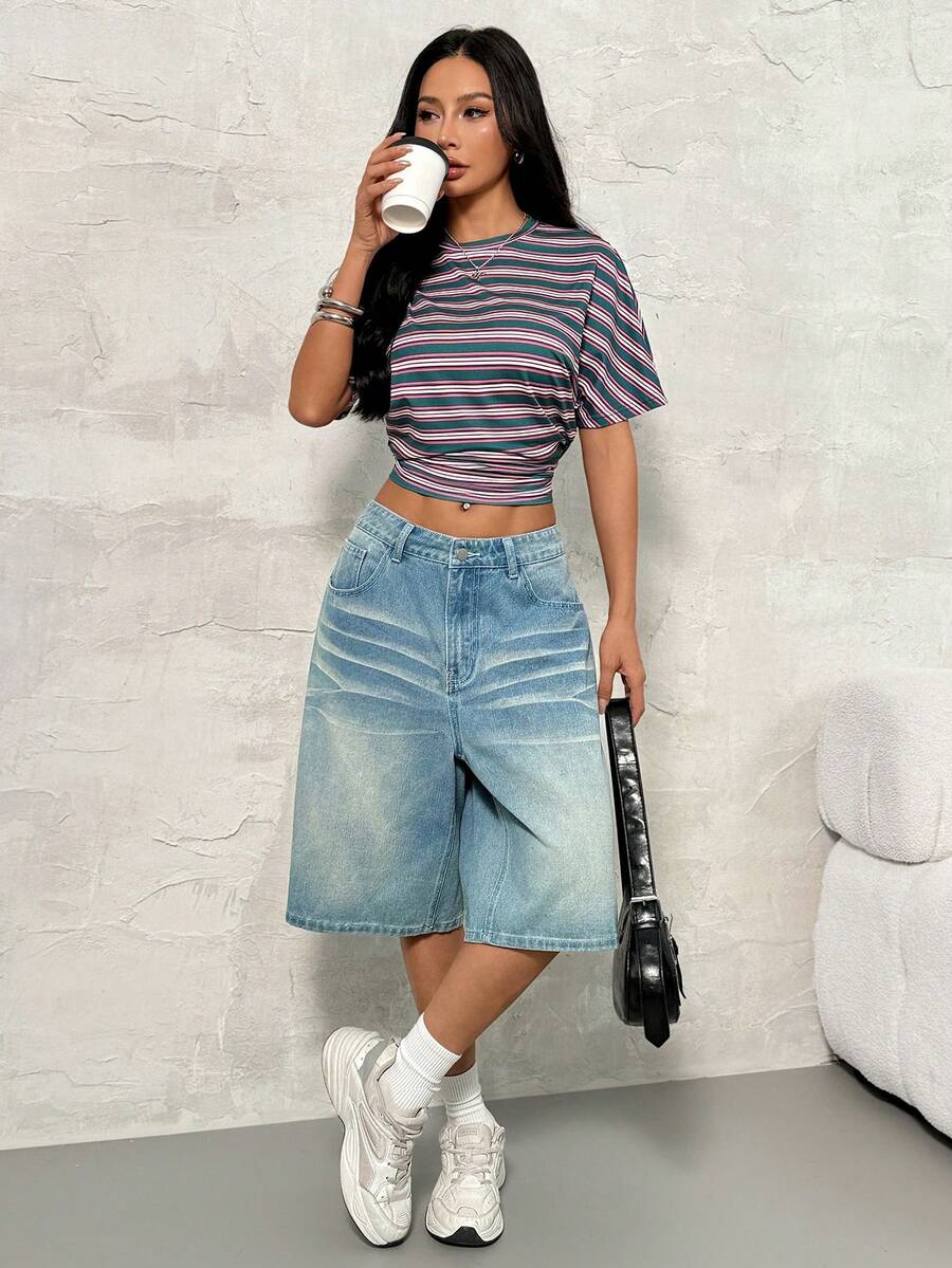 SHEIN PETITE Áo thun crop top nữ mùa xuân/hè phong cách tối giản, thanh lịch, kiểu Y2K, preppy, cơ bản, mặc hàng ngày, casual, phong cách đường phố, co giãn, màu xanh lá cây và hồng, dáng rộng, xếp ly. - Nhiều màu - Xem 1
