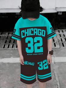 2pcs/Set Boys' Casual Streetwear Chicago Number 32 Striped Green Black Graphic Tee And Shorts Set,Summer City Break Fashionable Chic Daily Outfit - Multicolor - View 3