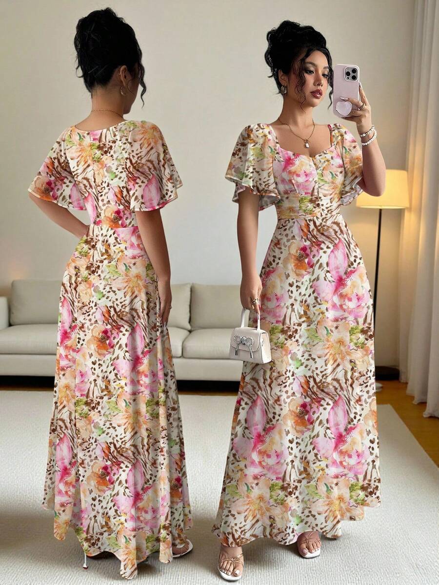 Modelyn 女士短袖中长连衣裙,女士短袖数码印花收腰连衣裙,单肩荷叶边下摆,优雅美丽,尽显迷人风采,时尚优雅,Y2K涤纶面料,适合外出、节日、派对等场合。女士夏季连衣裙,适合约会、派对、度假穿着。女士连衣裙,印花连衣裙,沙滩度假连衣裙 - 彩色 - 查看 1