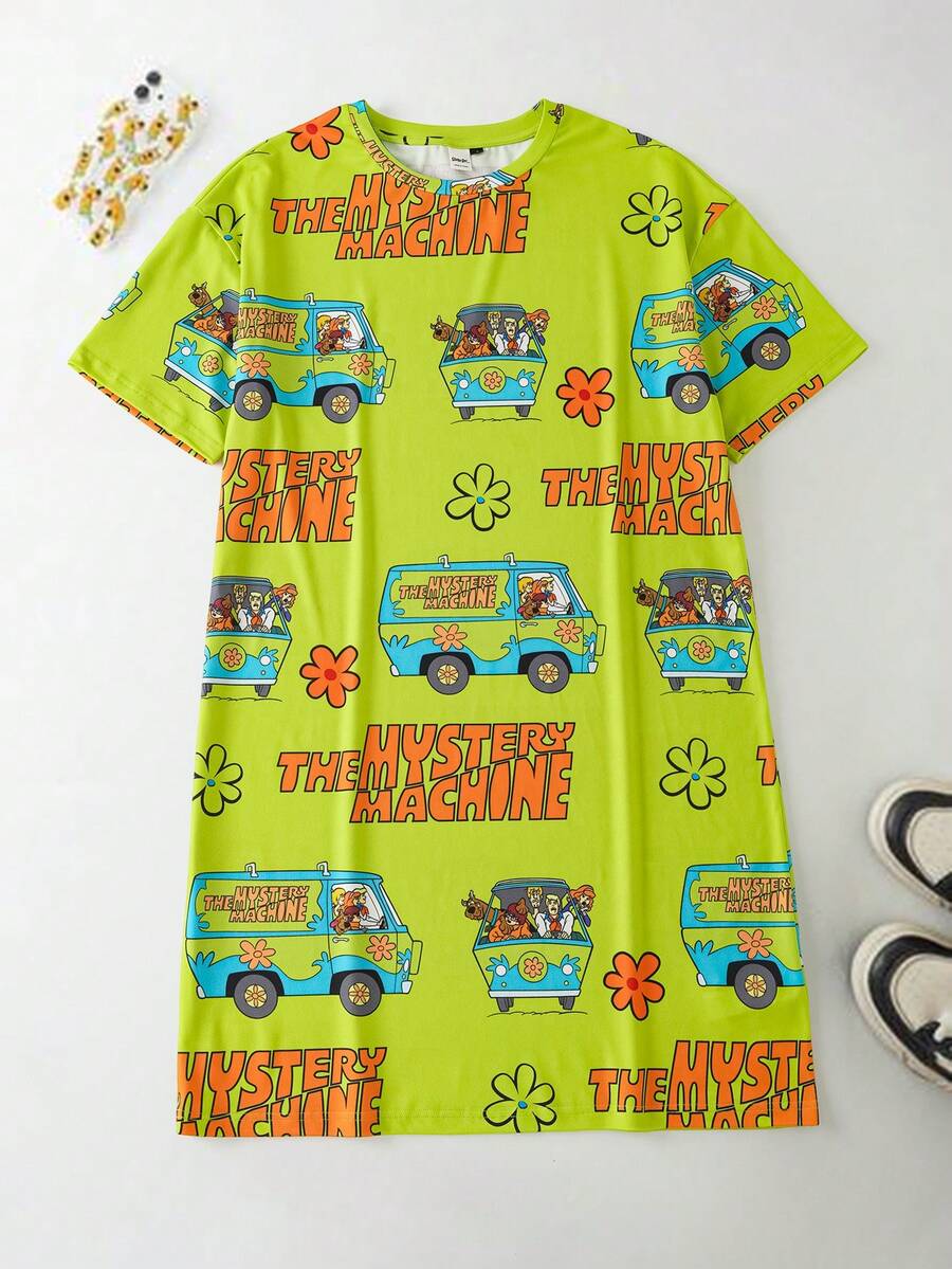 SCOOBY-DOO X SHEIN Women's Summer Casual Letter And Cartoon Print Round Neck Short Sleeve Nightgown - Green - View 1