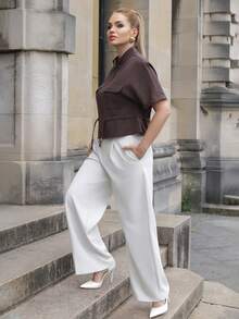 Elenary Edit Fashionable Short Utility Shirt, With Two Symmetrical Chest Pockets, Cinched Waist Design, Sleek And Practical Summer - Dark Grey - View 6