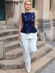 Elenary Edit Women's Elegant Button Decor Waist Ruffle Hem Blouse, Summer,Summer Top - Navy Blue - View 5