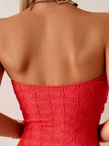 Swim Vcay Traje de baño de una pieza con bandeau y decoración de estrella de mar, y conjunto de playa de tela jacquard con estampado de conchas rosas para vacaciones de verano de mujer - Rojo - Ver 5