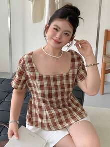 Dazy Plus Plus Size Women's Sexy Plaid Short Sleeve Tight Crop Top, Brown Pullover Shirt For Spring/Summer Graphic Tee - Brown - View 6