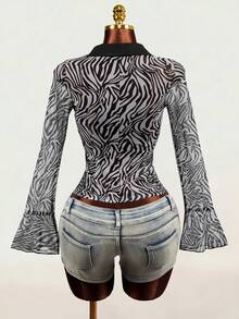 Mistrie Women's Zebra Print Flare Sleeve Fashionable Sexy Elegant Blouse Night Out Club Night White And Black Summer - Black - View 8