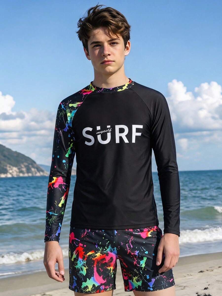 SHEIN 2pcs/Set Teen Boy Casual Vacation Printed Long Sleeve Swimsuit And Swim Trunks - Multicolor - View 1