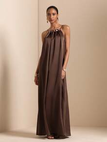 Vesra Vestido Minimalista Sem Mangas de Cor Sólida para Mulheres, Uso Casual Diário - Castanho - Visão 6