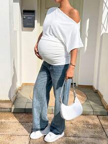 SHEIN Maternity Solid Color Asymmetric Neck Ruched Casual Business Versatile Daily Wear T-Shirt Photoshoot Pregnant White Summer - White - View 8