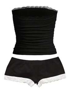 INAWLY Bộ trang phục 2 mảnh áo hai dây ren tương phản và quần short cho nữ - màu đen - Xem 2
