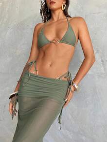 Aloruh 女款三件式比基尼套裝，性感優雅浪漫復古軍綠色、栗色酒紅色配金屬裝飾，迷你三角杯掛脖上衣、迷你丁字褲底褲、超長圍裙，女款度假海灘比基尼泳衣套裝 - 軍綠色 - 查看 5