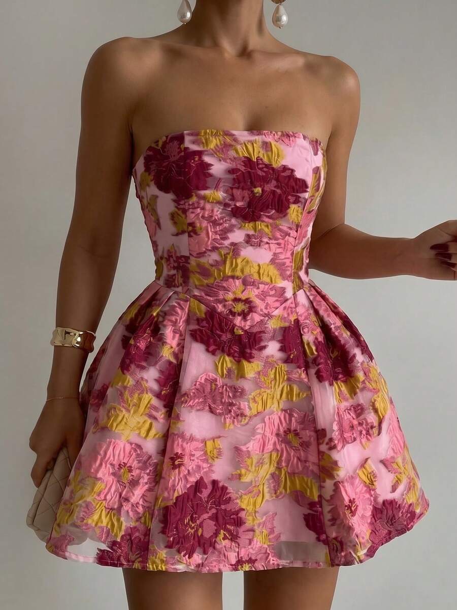 SHEIN PETITE 女款粉色紋理提花抹胸A字迷你洋裝