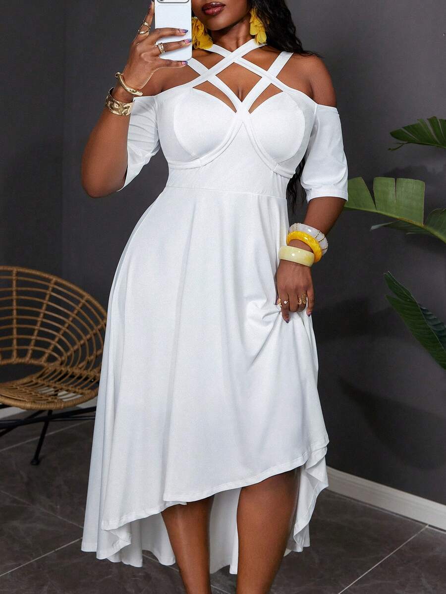 Reflora Plus Size Casual Solid Color Open Shoulder Asymmetric Hem Dress - Multicolor - View 1