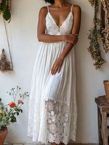 Hotletica Women's Vacation Contrast Lace Spaghetti Strap Dress - White - View 5