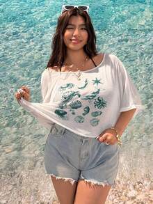 SHEIN EZwear 大码女式夏季海滩度假风海洋动物印花不对称领蝙蝠袖宽松T恤 - 綠色 - 查看 4