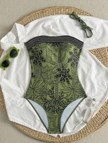 Swim Vcay 2026 New Women's Summer Beach Vacation Adjustable Bandeau Removable Straps Sexy Backless Coconut Tree Print One-Piece Swimsuit - Green - View 4