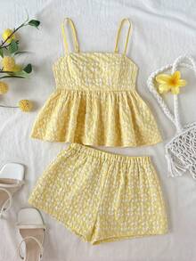 SHEIN Bộ 2 món áo camisole gấu nhún hoa jacquard vàng trơn và quần short cho bé gái tuổi teen mặc đi chơi mùa hè - Màu vàng - Xem 2