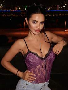 Livesso Camiseta Sexy de Renda da Moda Feminina - Roxo - Visão 12