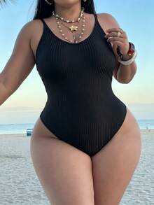 Swim SXY Plus Size Women's Fashionable One-Piece Swimsuit, Round Neck Ribbed Fabric, Hollow Back Ring Design, Sexy Beach Holiday Swimwear - Black - View 3