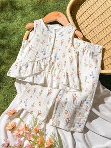 Vintaside Kids 女嬰夏季無袖圓領數位印花上衣式背心與簡單休閒長褲套裝，適合旅行、露營、野餐或與朋友的休閒聚會 - 白色 - 查看 1