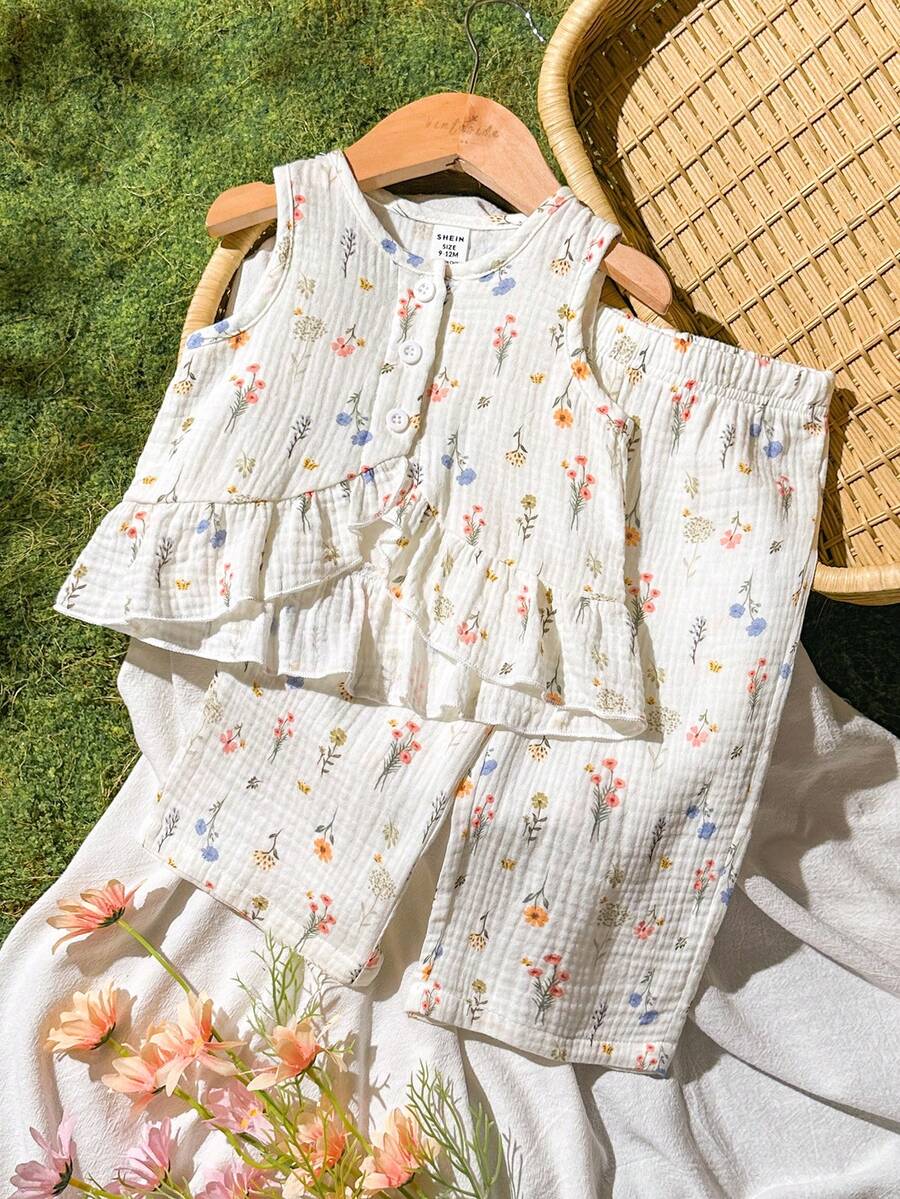 Vintaside Kids 女嬰夏季無袖圓領數位印花上衣式背心與簡單休閒長褲套裝,適合旅行、露營、野餐或與朋友的休閒聚會 - 白色 - 查看 1