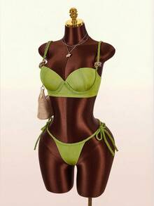 Amplova 2pcs Women's Sexy Halter Rope Detail Swimwear, Shiny Metallic Rope Cup Detail Sexy & Avant-Garde, Suitable For Beach Holiday, Green - Green - View 5