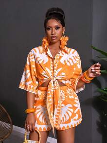 Veslaya Spring/Summer New Loose Short Sleeve Shirt Top & Shorts 2 Pieces Party, Sunbathing, Plus Size - Orange - View 7
