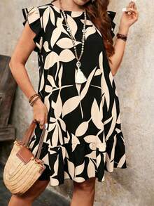 Breezaya Plus Size Women Round Neck Ruffle Sleeve Floral Print Loose Summer Vacation Dress - Black - View 4