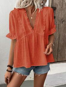 LanaWest Women's 3D Cut-Out V-Neck Petal Sleeve Blouse - Burnt Orange - View 5
