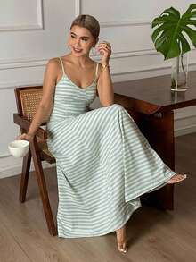 DAZY Striped Pattern Sleeveless Camisole Waist Cinched Dress, Women Summer Nightgown - Green - View 4